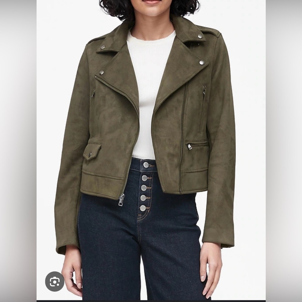Banana Republic vegan suede moto jacket size small dark green